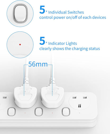 1M 5Gang Extension Lead with Individual Switches, Wall Mountable