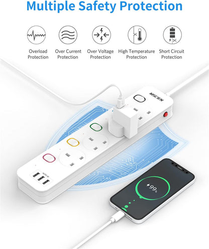 4M 4Gang Extension Lead with 3 USB-A Slots, with Individual Switches, Mountable