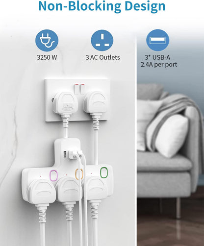 5CM 3Gang Extension Lead with 3 USB-A, with Individual Switched