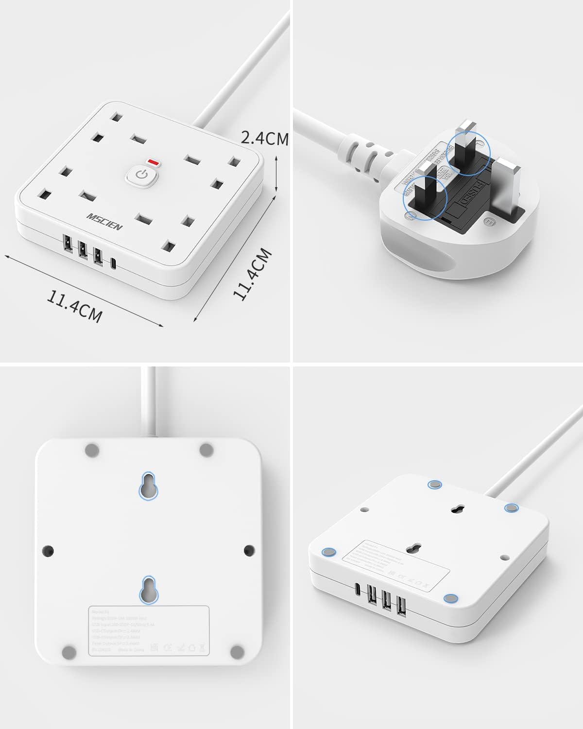 5M 4Gang Extension Lead with 4 USB Slots (1 Type-C and 3 USB-A), Wall Mounted