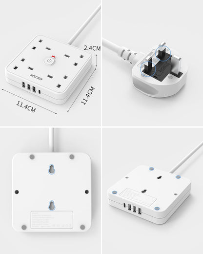 3M 4Gang Extension Lead with 1 Type-C and 3 USB-A USB Slots, with LED Indicator Switch, Wall Mounted