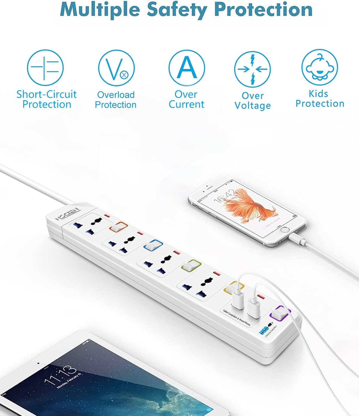 3M 4Gang Extension Lead with 2 USB-A, with Individual Switches, Wall Mountable