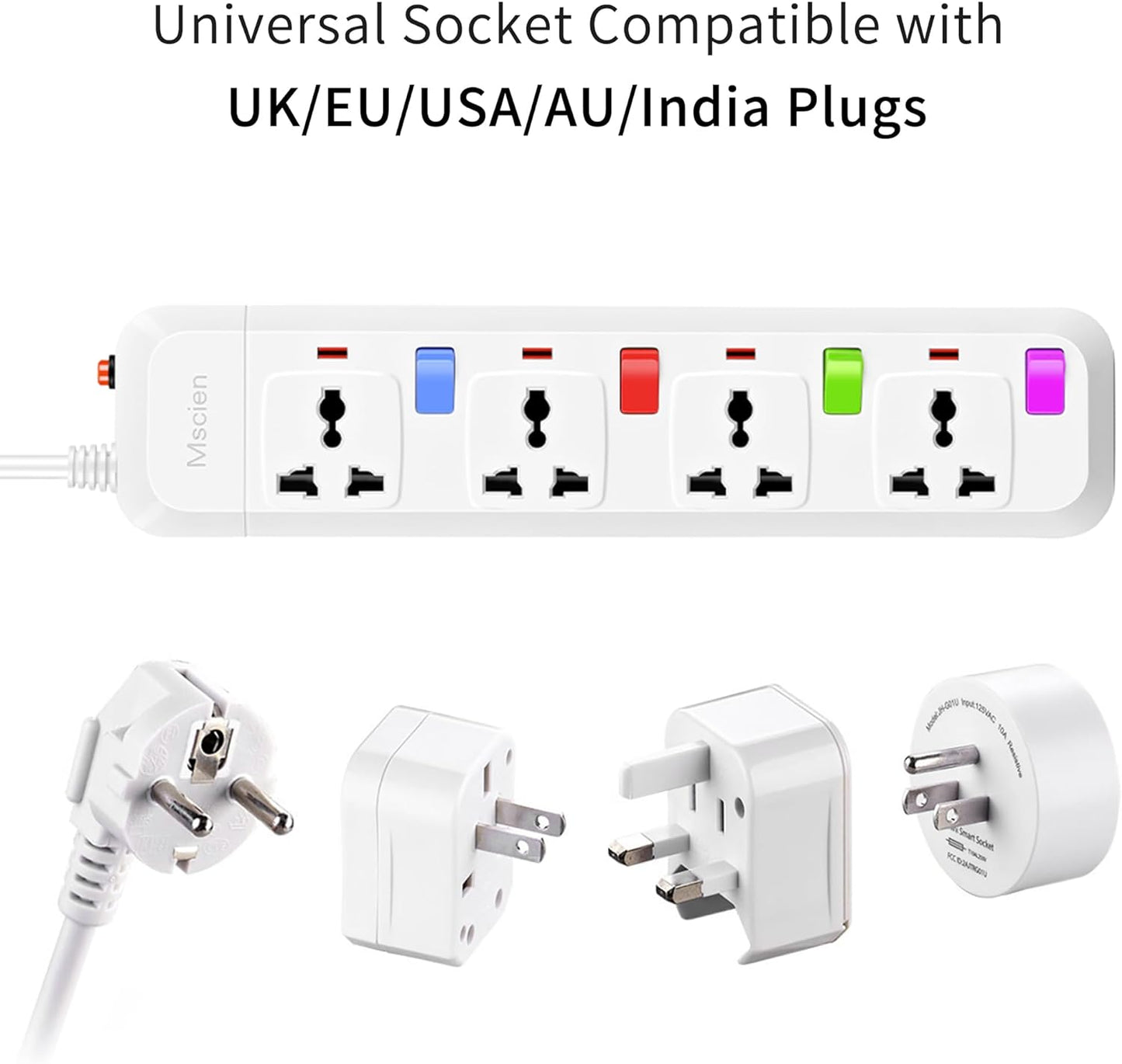 UK to EU Travel 1.8M 4 Gang Extension Lead with 4 Individually Switches, Overload Protector