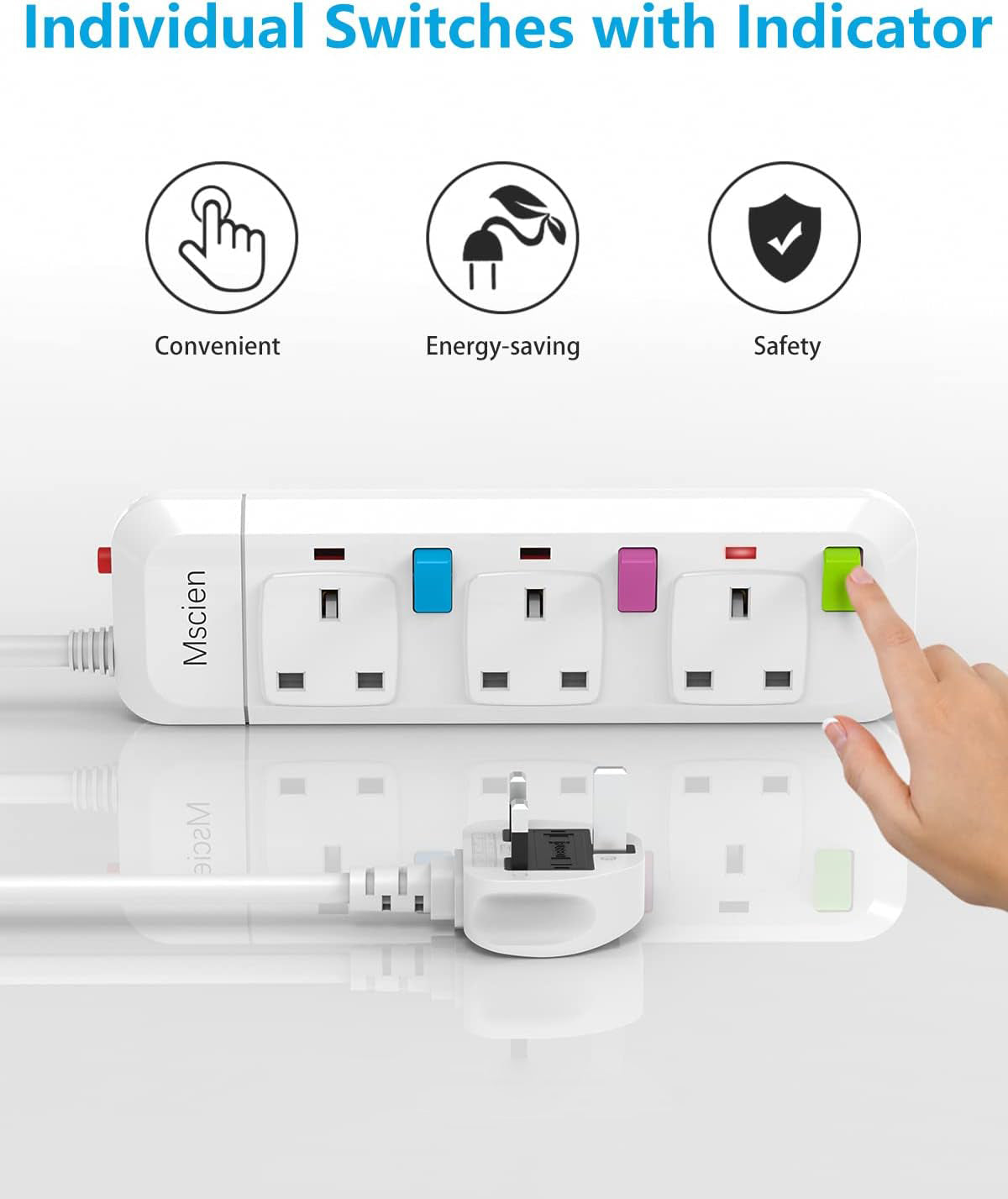 Mscien Extension Lead 1M 3 Way,Fused 3 plug Extension Socket with Individual Switches Mountable Overload Protection Power Strips with 1 Metre Extension cable 2500W