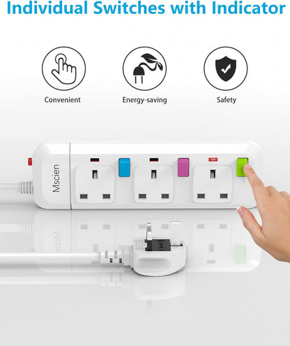 Mscien Extension Lead 1M 3 Way,Fused 3 plug Extension Socket with Individual Switches Mountable Overload Protection Power Strips with 1 Metre Extension cable 2500W