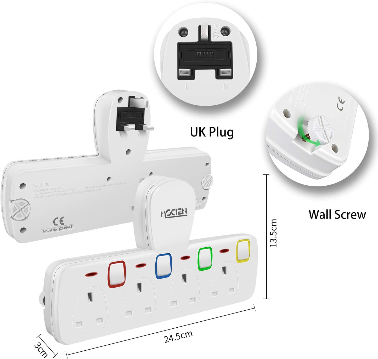 4Gang Plug Adaptor with Individually Switched, Surge Protector