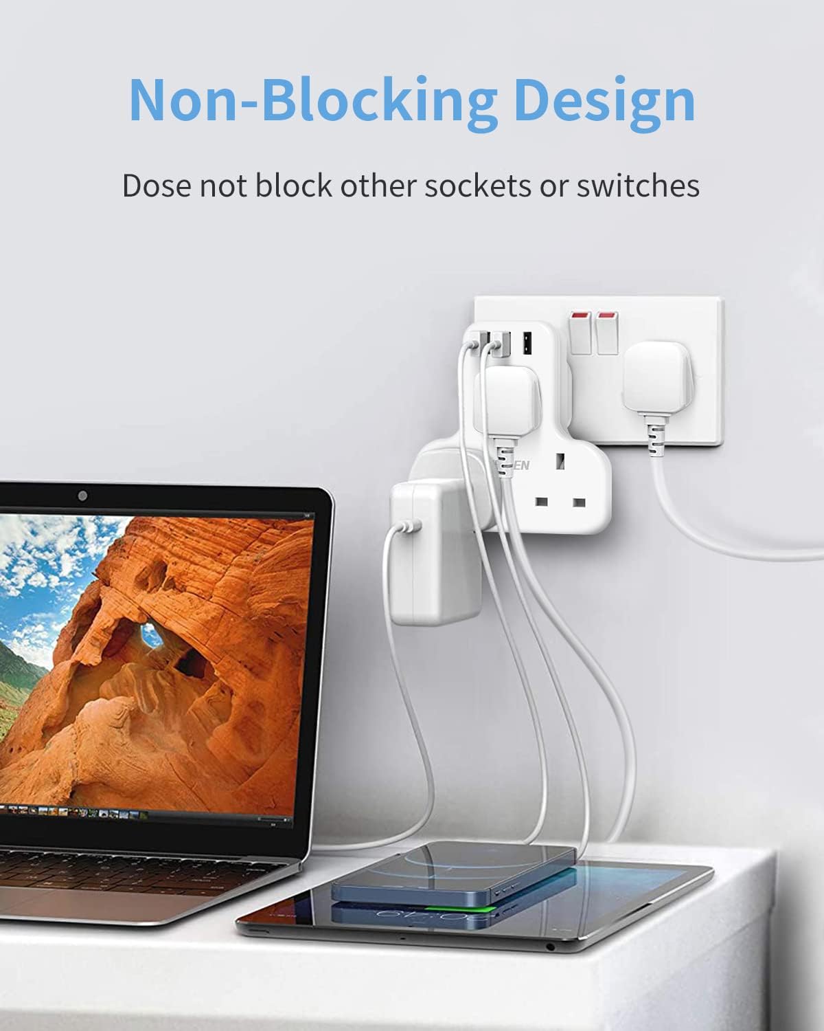 3Gang Plug Adaptor with 3 USB-A, Surge Protection