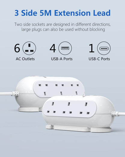 5M 6Gang Extension Lead with USB Slots (1 USB- C and 4 USB-A), Overload Protection, Surge Protection