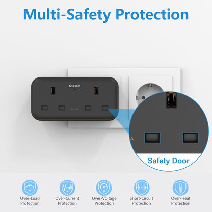 UK to European 2Gang Travel Plug Adapter with 3 USB-A, Black, Type E/F, Charger for Germany France Spain Turkey Greece