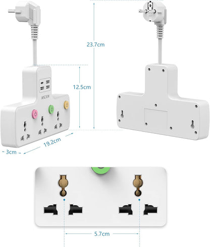 UK To EU Travel 5CM 3Gang Extension Lead with 3 USB-A and 1 USB-C, with Individual Switched