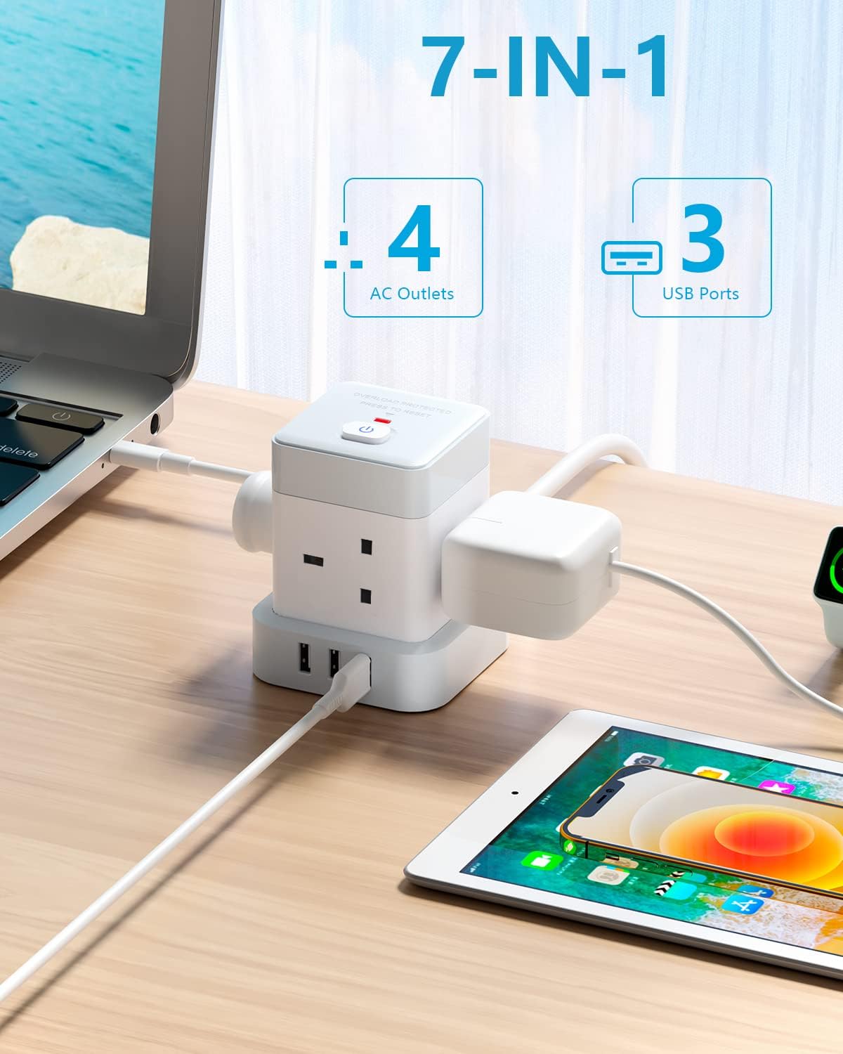 4M 4Gang Cube Extension Lead with 3 USB-A Ports, Overload Protect