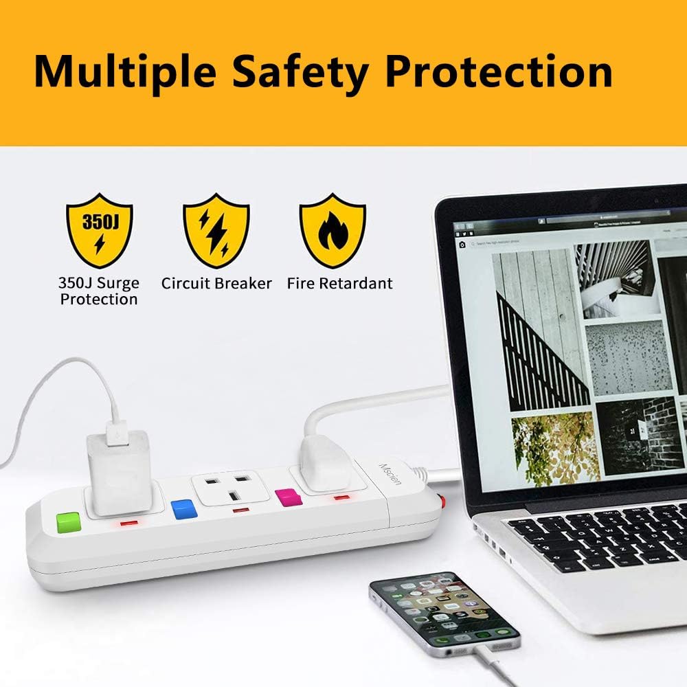 5M 3Gang Extension lead with Individually Switched, Mountable, Surge Protected