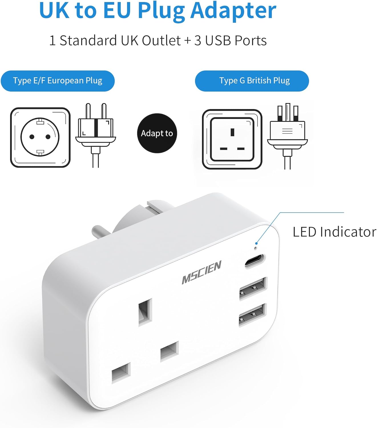 UK to European Plug Adapter with 3 USB, Travel Adapter Plug UK to EU Europe, Euro Schuko Grounded Charger for Germany France Spain Turkey Greece Iceland, Type E/F Plug Adaptor