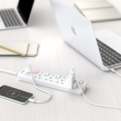 4M 4Gang Extension Lead with 2 USB-A Slots, with Individual Switches, Mountable Power strip