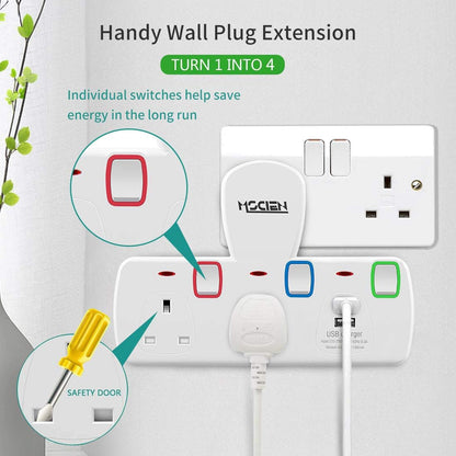 2Gang Plug Adaptor with 2 USB-A, Individually Switched