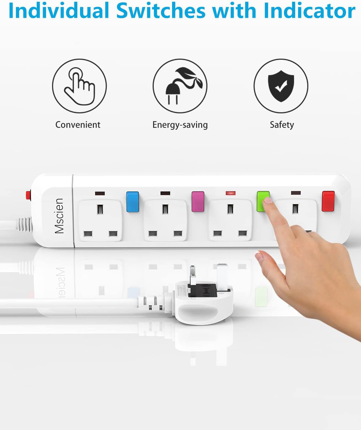 Mscien Extension Lead 1M 4 Way Wall Mounted, 1M Extension Lead Switched with Multiple Protection, Fused Power Strip 4 Sockets White, 2500W Extension Cord