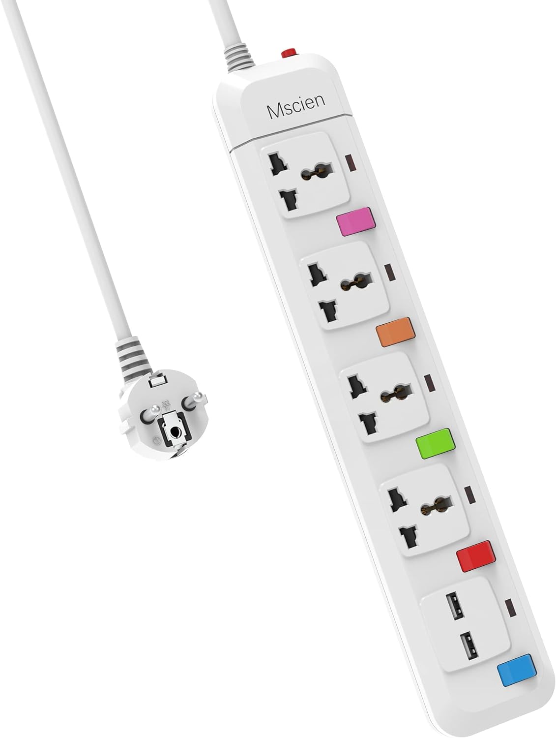 UK to EU Travel 1.8M 4Gang Extension Lead with 2 USB-A, Individually Switched, Overload Protector