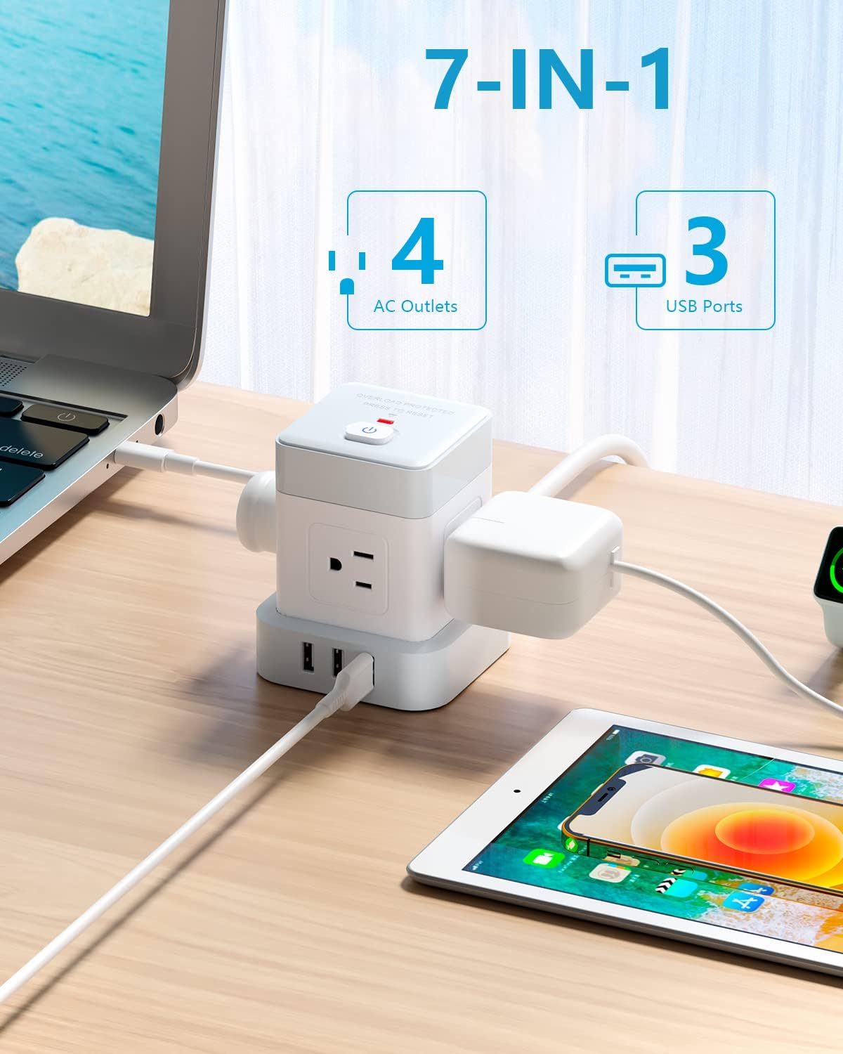 10FT 4Outlets Cube Power Strip with 3 USB-A Port, Flat Cable, Overload Protection