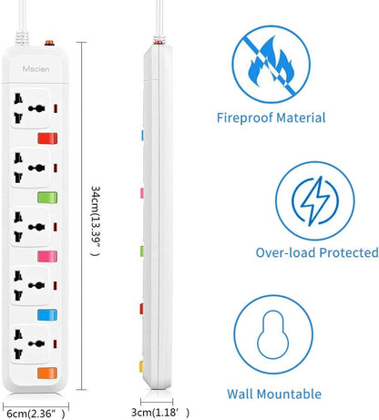 1.8M 5Gang Extension Lead with Individually Switched, Overload Protection, Wall Mountable