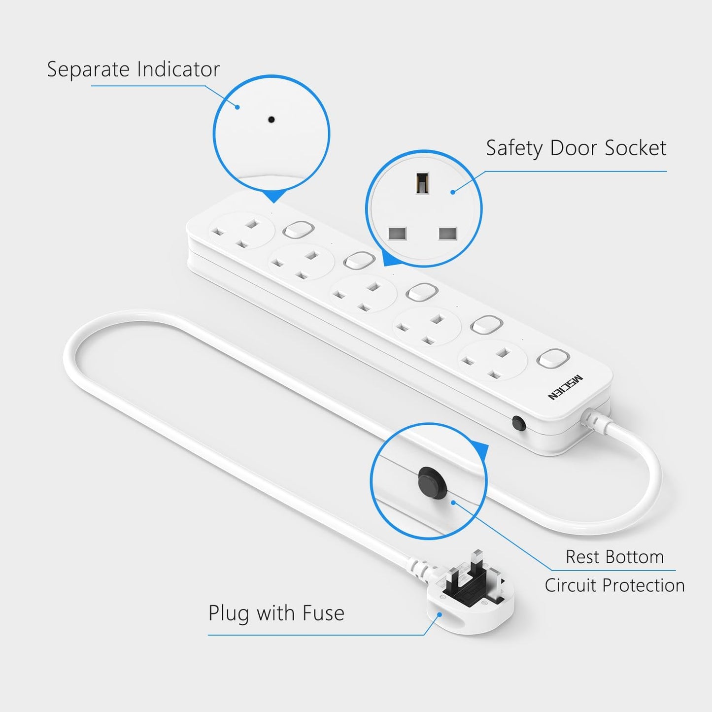 3M 5Gang Extension Lead with Individual Switches, Wall Mountable