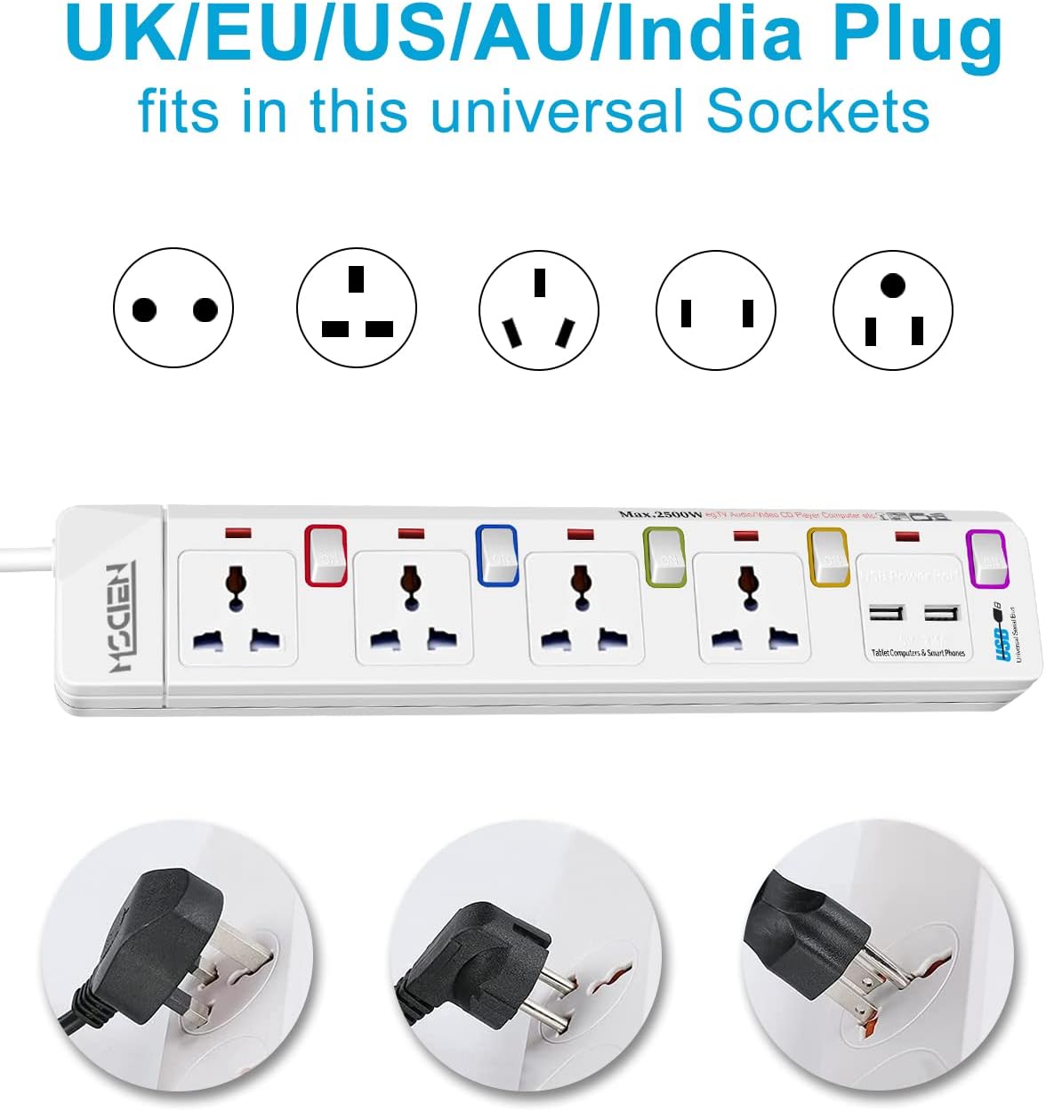 3M 4Gang Extension Lead with 2 USB-A, with Individual Switches, Wall Mountable