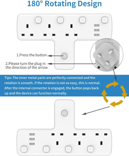 3Gang Plug Adaptor with 3 USB-A, with 180 Degree Rotation Button, Individual Switches, Surge Protected