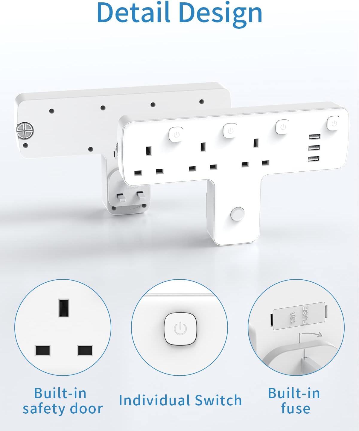 3Gang Plug Adaptor with 3 USB-A, with 180 Degree Rotation Button, Individual Switches, Surge Protected