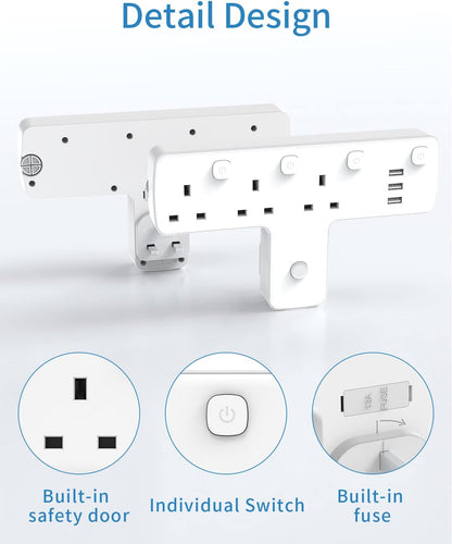 3Gang Plug Adaptor with 3 USB-A, with 180 Degree Rotation Button, Individual Switches, Surge Protected