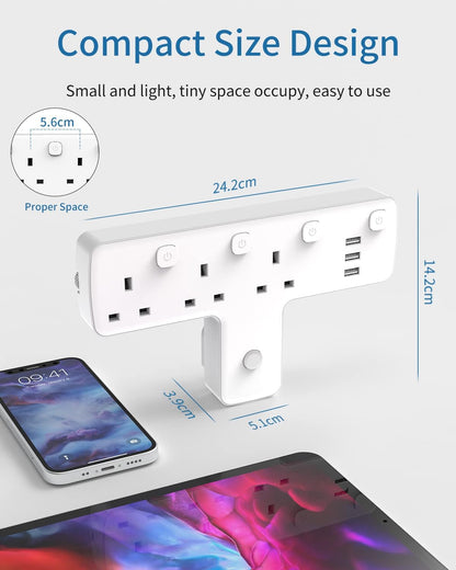 3Gang Plug Adaptor with 3 USB-A, with 180 Degree Rotation Button, Individual Switches, Surge Protected