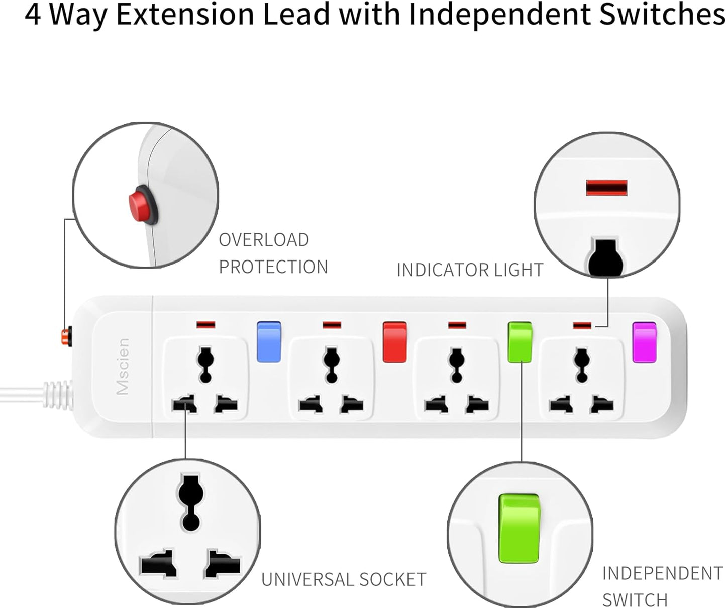 UK to EU Travel 1.8M 4 Gang Extension Lead with 4 Individually Switches, Overload Protector