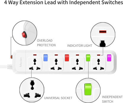 UK to EU Travel 1.8M 4 Gang Extension Lead with 4 Individually Switches, Overload Protector