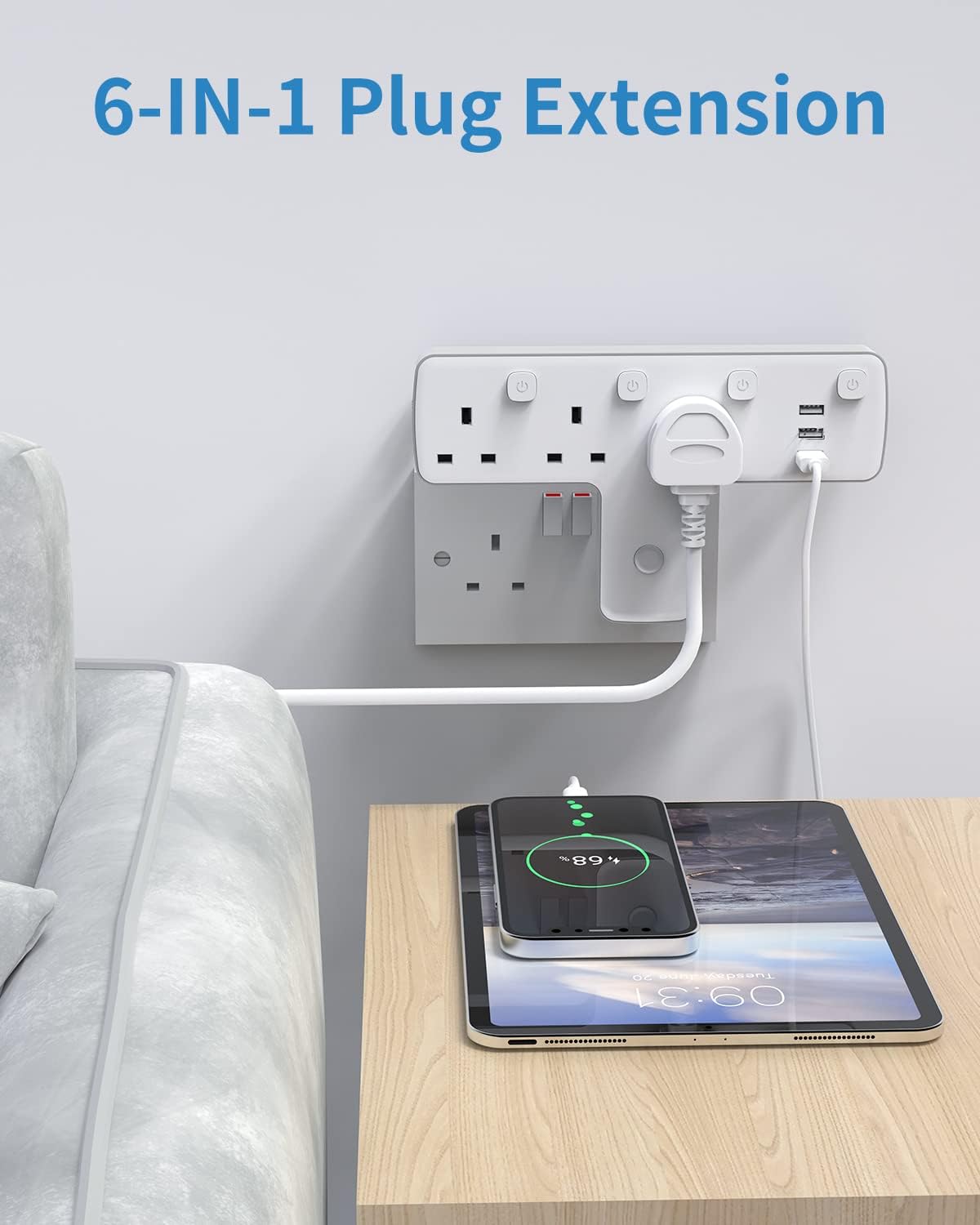 3Gang Plug Adaptor with 3 USB-A, with 180 Degree Rotation Button, Individual Switches, Surge Protected