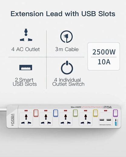 3M 4Gang Extension Lead with 2 USB-A, with Individual Switches, Wall Mountable