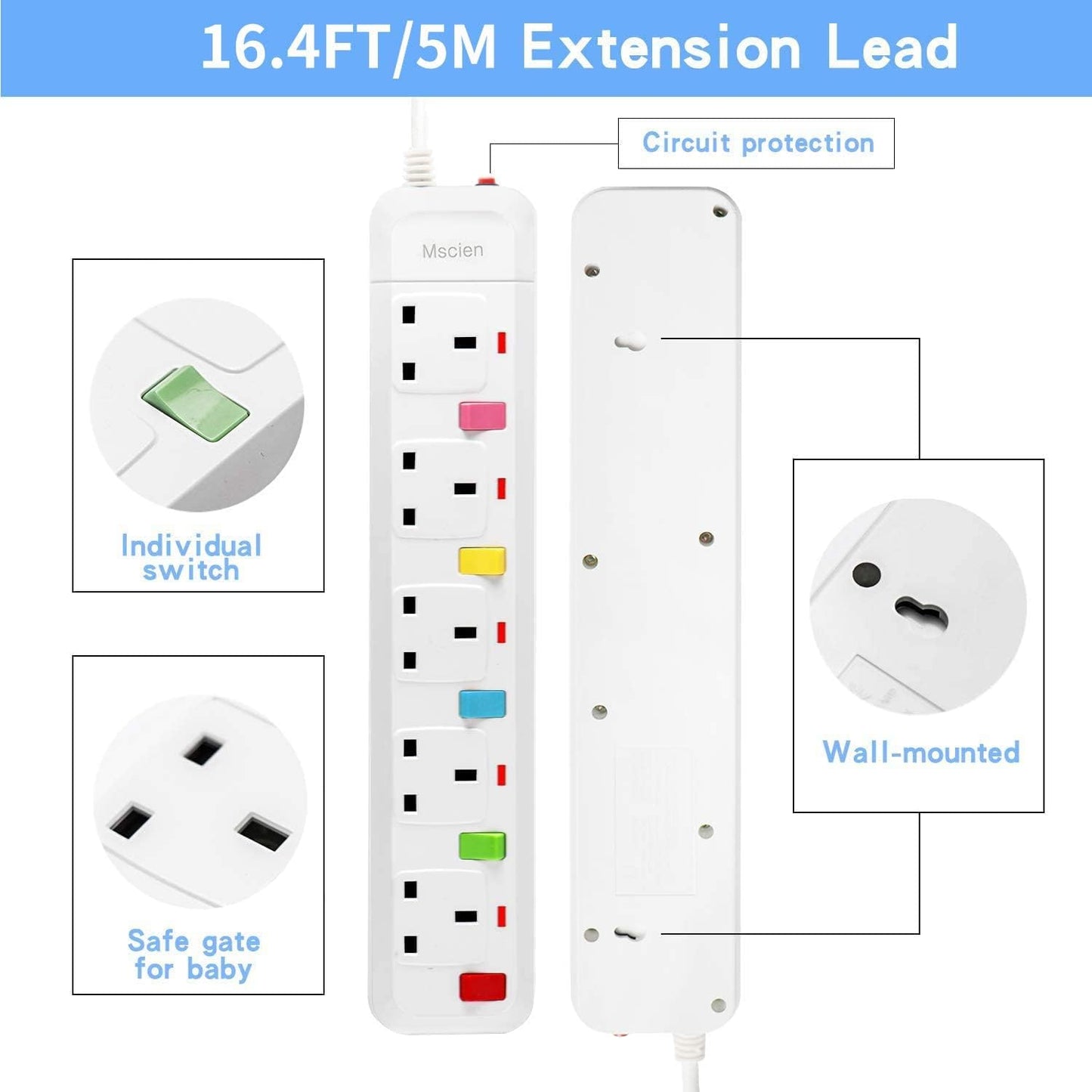 5M 5Gang Extension Lead with Individually Switched, Surge Protected