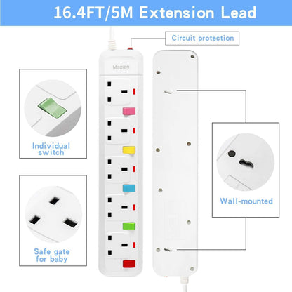 5M 5Gang Extension Lead with Individually Switched, Surge Protected