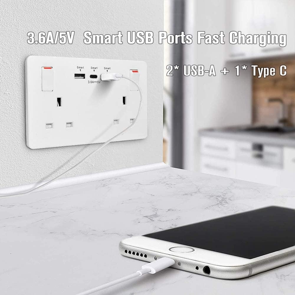 2Pack 2Gang Wall Socket Double Switched with 2 USB-A and 1 Type-C