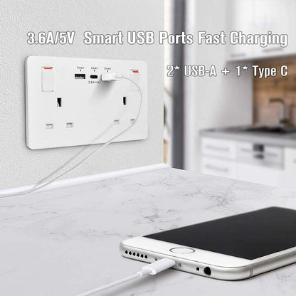 2Pack 2Gang Wall Socket Double Switched with 2 USB-A and 1 Type-C