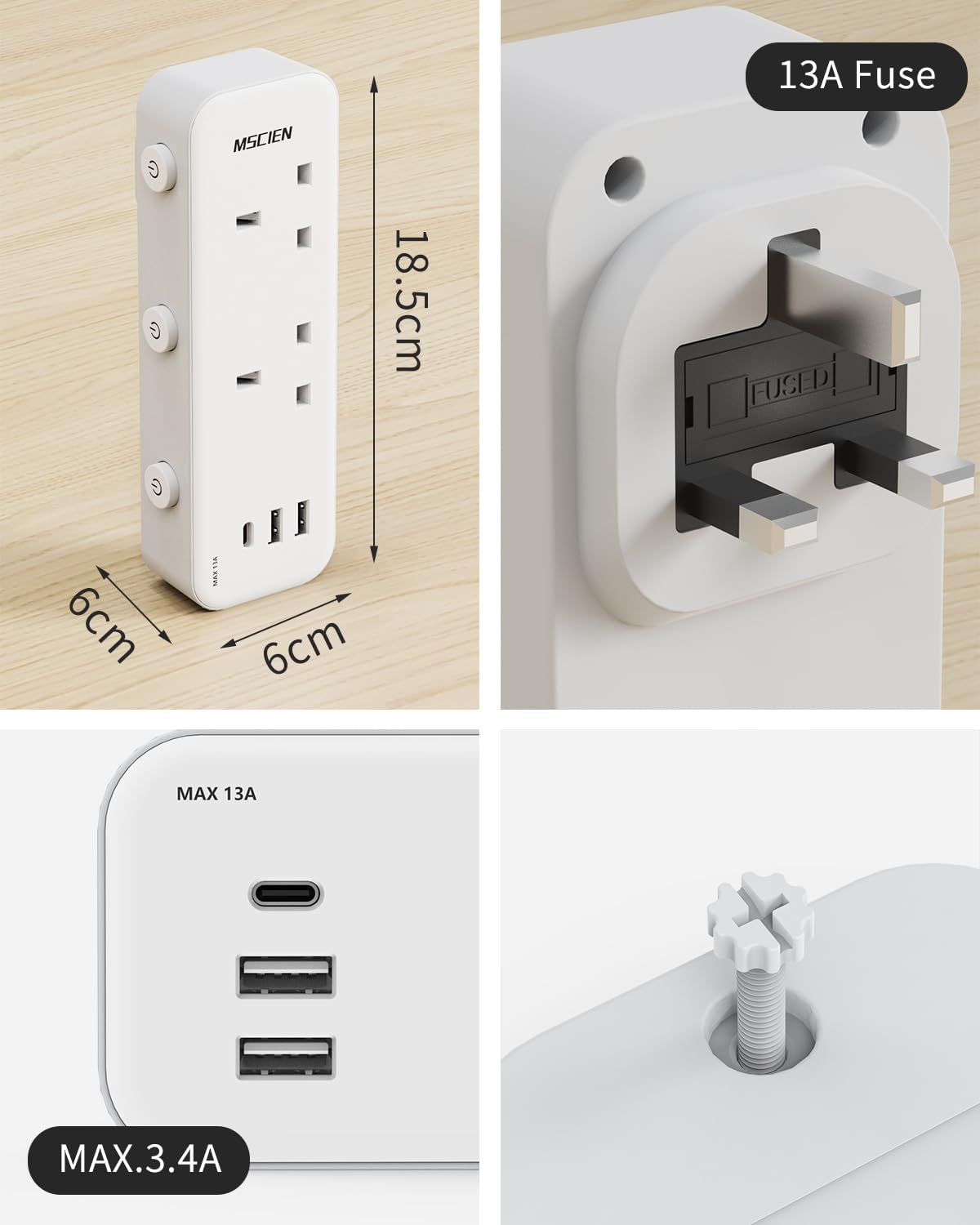 2Gang Plug Adaptor with USB (1 USB-C, 2 USB-A), with Individually Switched (Blue Indicator)