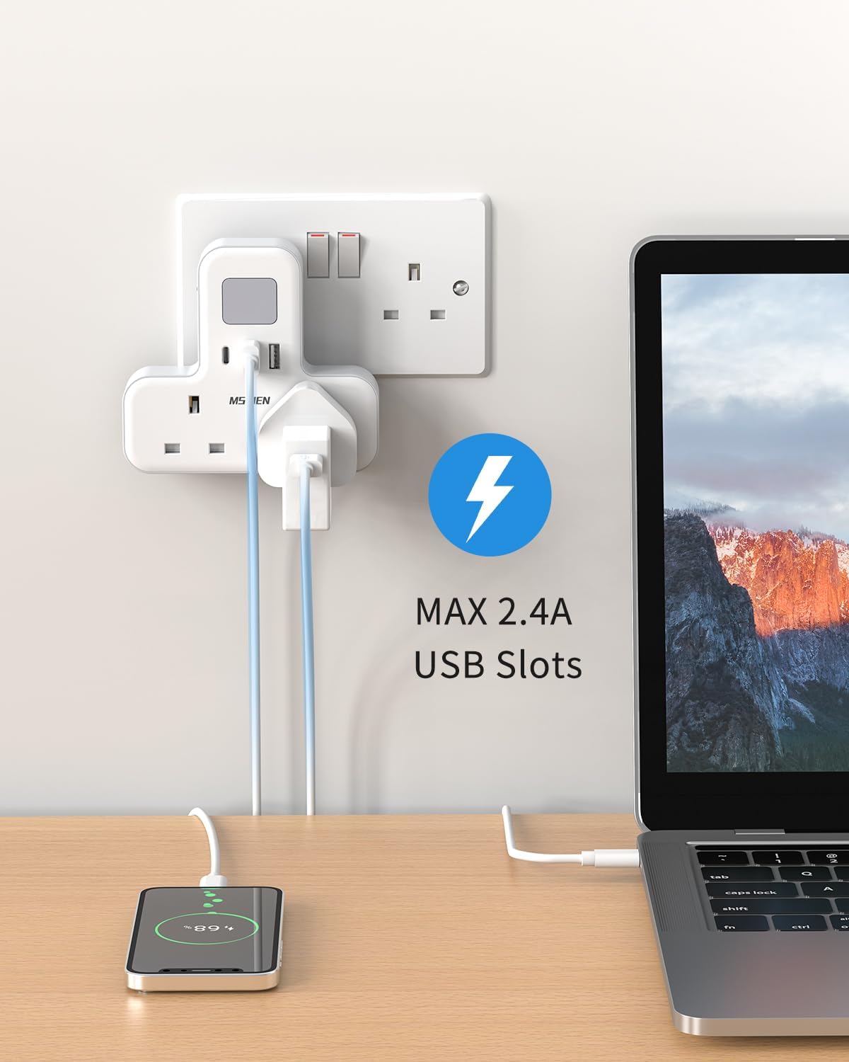 2Gang Plug Adaptor with USB (1USB-C, 2 USB-A), with Night Light, Overload Protect