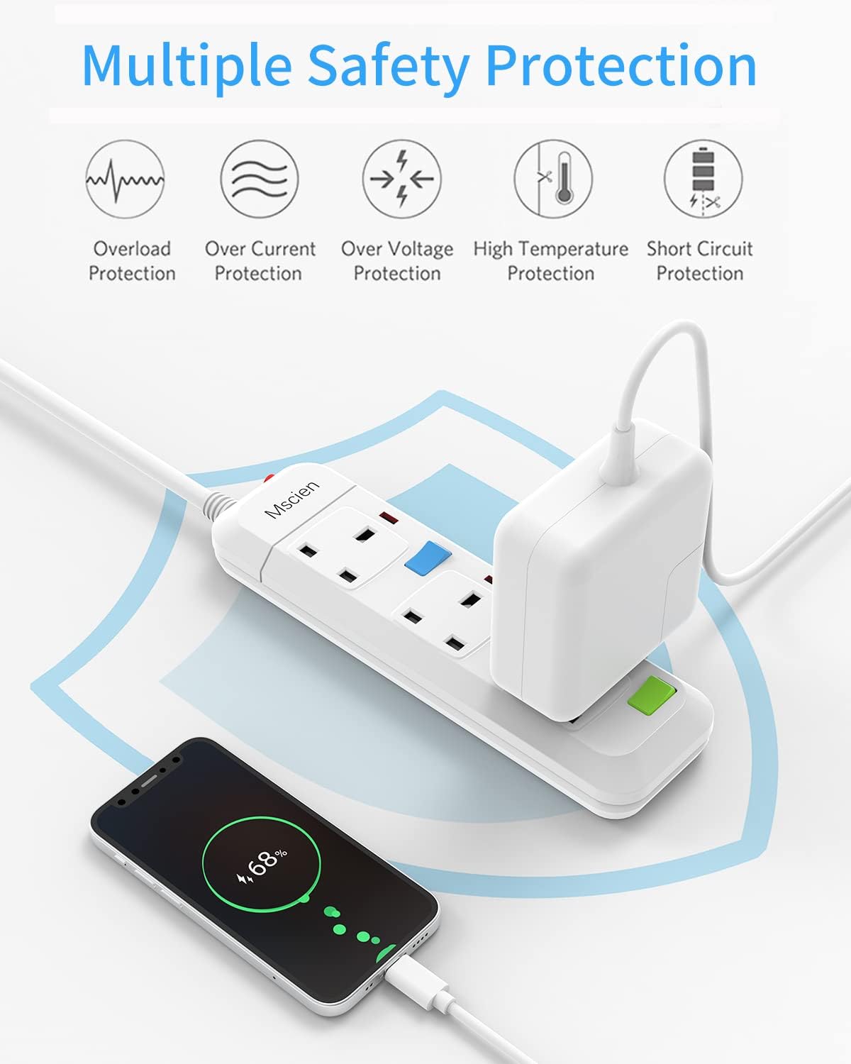 Mscien Extension Lead 1M 3 Way,Fused 3 plug Extension Socket with Individual Switches Mountable Overload Protection Power Strips with 1 Metre Extension cable 2500W