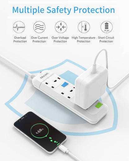 Mscien Extension Lead 1M 3 Way,Fused 3 plug Extension Socket with Individual Switches Mountable Overload Protection Power Strips with 1 Metre Extension cable 2500W