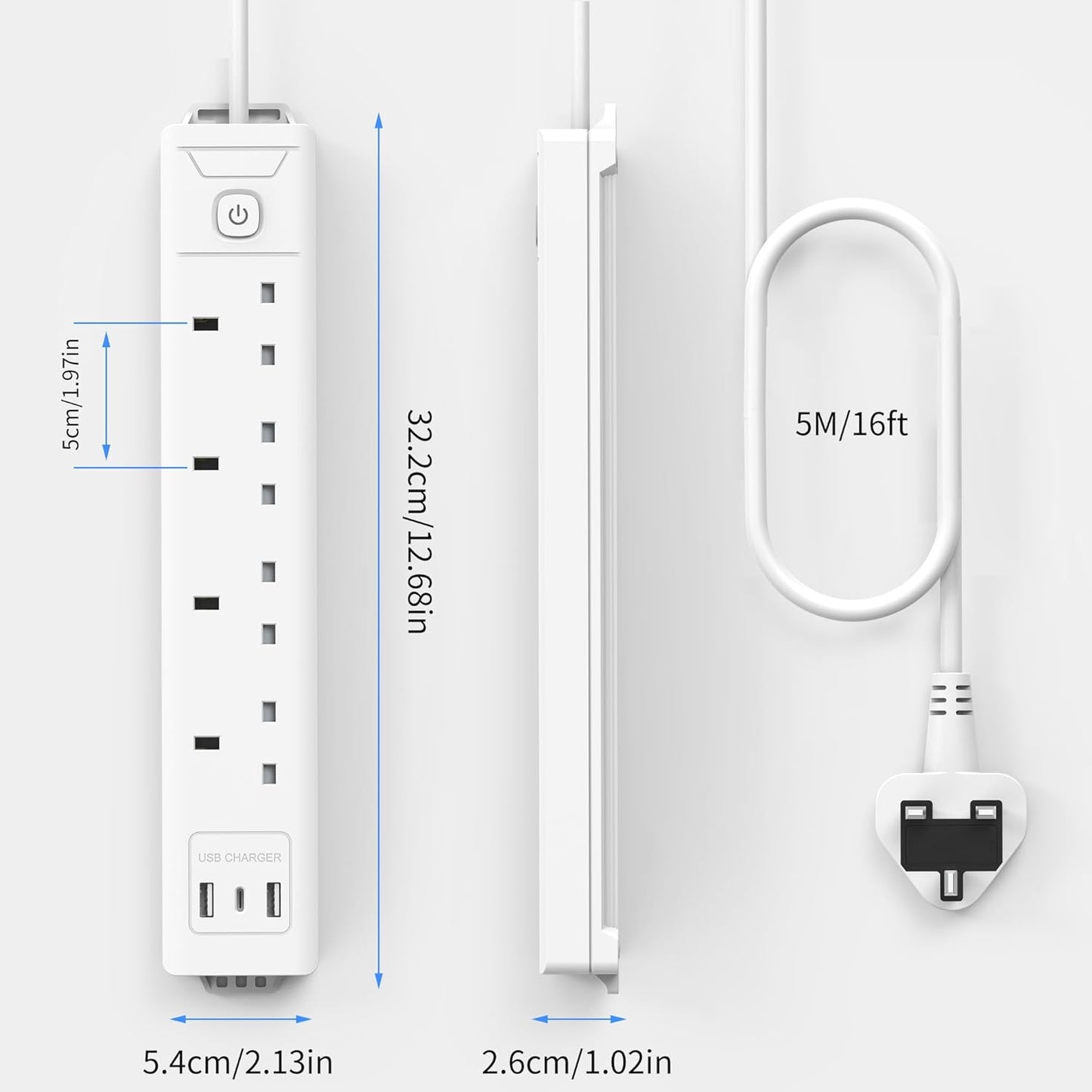 5M 4Gang Extension Lead with 3 USB Slots (1 USB C), Wall Mount