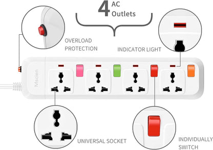 1.8M 4Gang Extension Lead with Switches, Wall Mount, Overload Protection