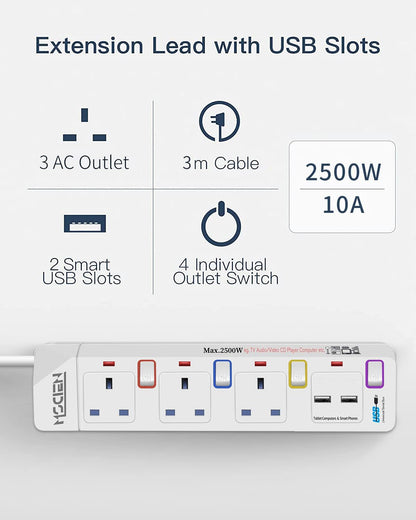 3M 3Gang Extension Lead with 2 USB-A Slots, with Individual Switches, Mountable