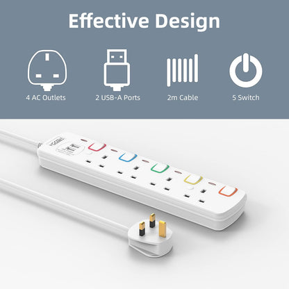 4M 4Gang Extension Lead with 2 USB-A Slots, with Individual Switches, Mountable Power strip