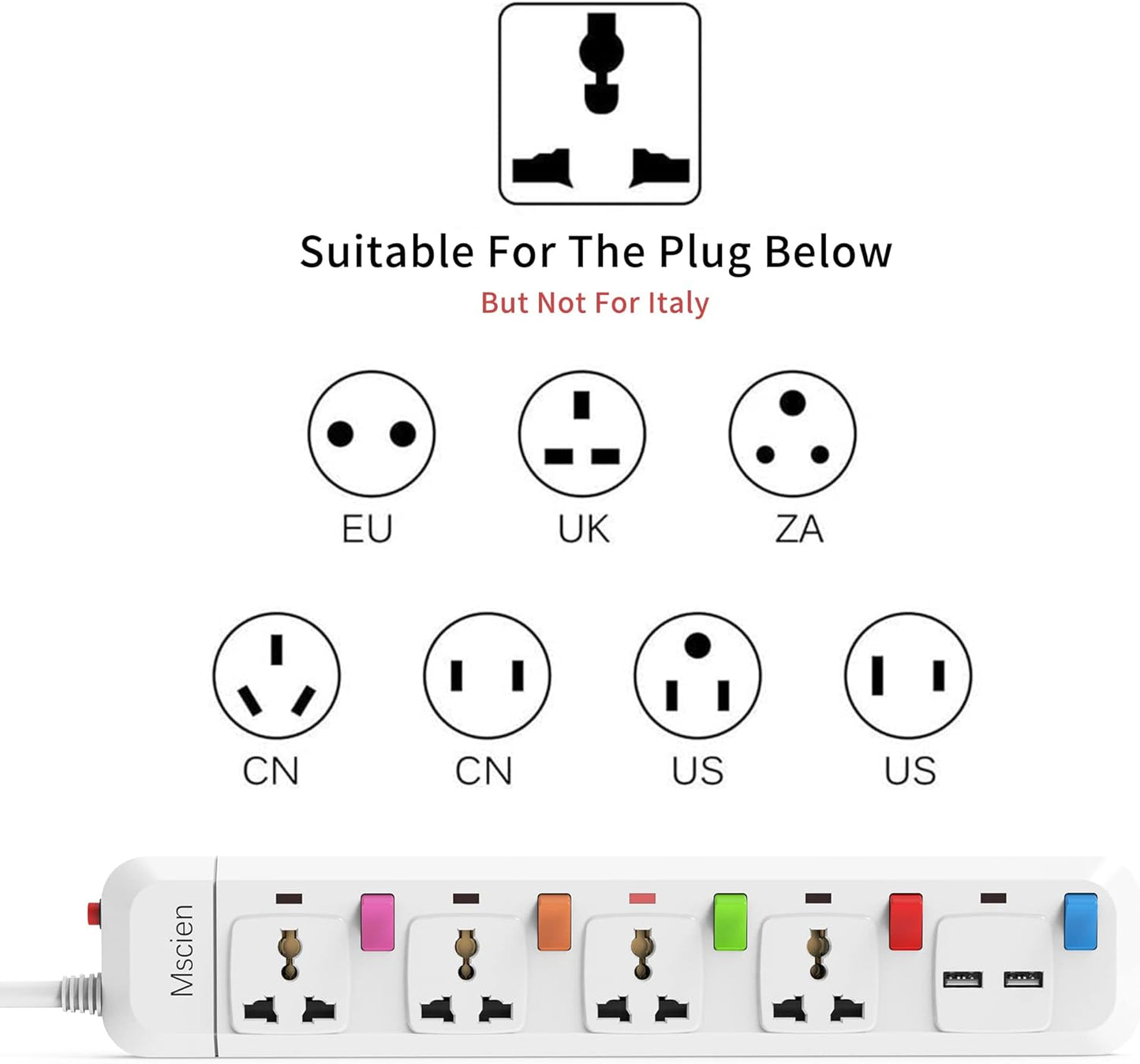 UK to EU Travel 1.8M 4Gang Extension Lead with 2 USB-A, Individually Switched, Overload Protector