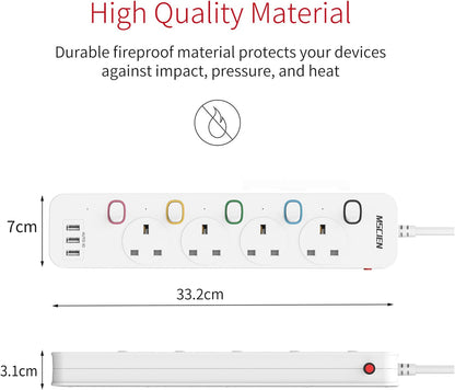 1.8M 4Gang Extension Lead with 3 USB-A Slots, with Individual Switches, Mountable, Overload Ptotection
