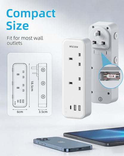 Mscien Double Plug Adaptor with 3 USB,Plug Extension Socket with Independent Switches,UK 13A Fuse 2 Way Multi Plug Power Extender,315 Degree Rotating Design for Home, Office, Dorm
