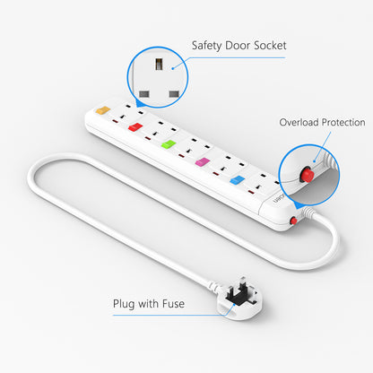 6M Long Extension Lead with Switches, Mscien 5 Way Extension Socket Surge Protected Overload Extension Cable, UK Power Strip Mountable with 6 Metre Extension Cord, 5 Gang Multi Plug