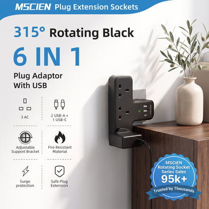 315° Black Plug Extension Socket, 6 in 1 Multi Plug Adopter 3 Way 3 USB, 13A Fuse Surge Protection Wall Socket UK Adapter, Widened Spacing Compact Portable Power Strip for Home Office Travel